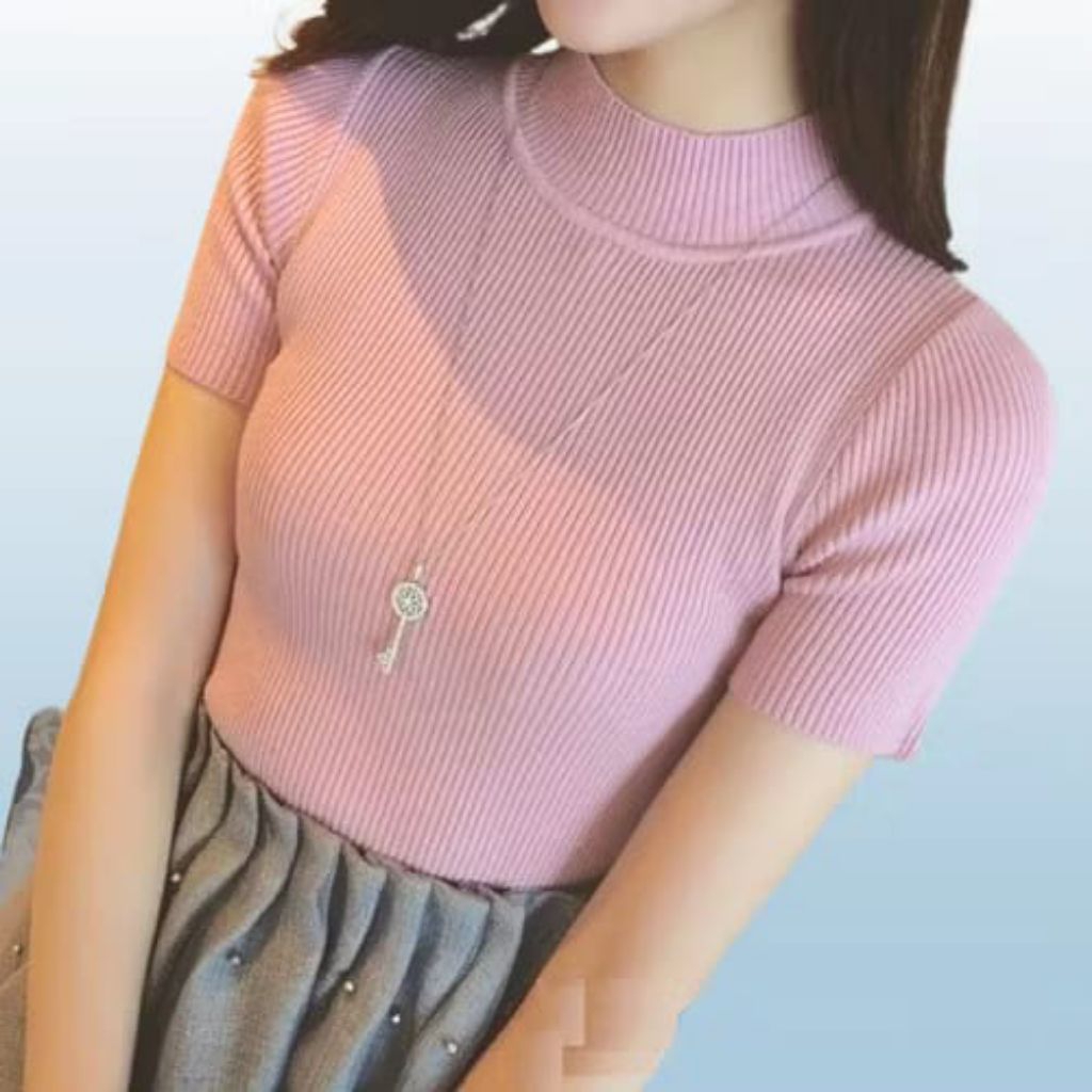 Turtleneck lengan Pendek/ Atasan Rajut ajut Kerah Tinggi Lengan pendek
