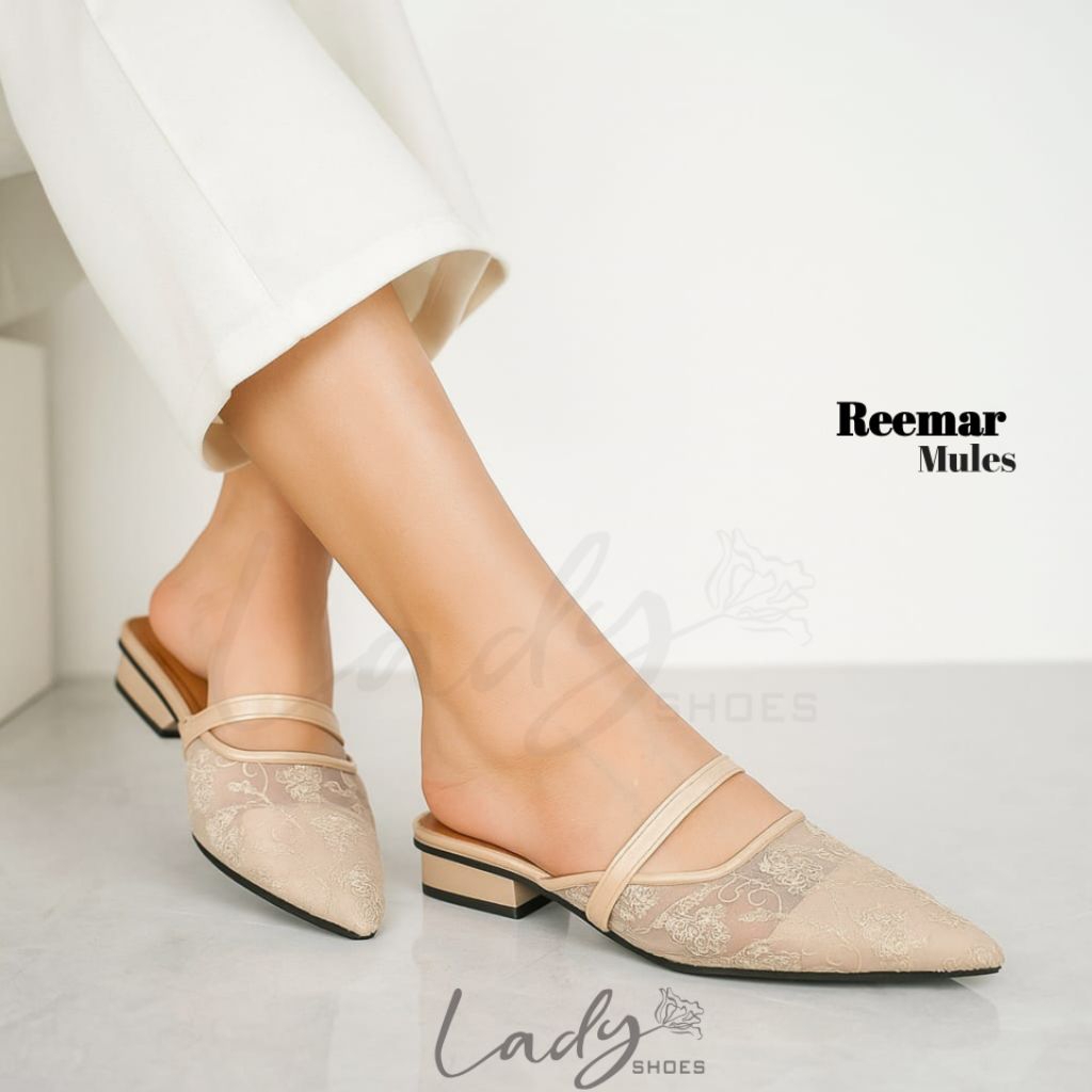 Lady - REEMAR Sandal Wanita Flat Lace Elegan Slip On Kekinian brokat pesta,kondangan/nikahan Hak 2cm