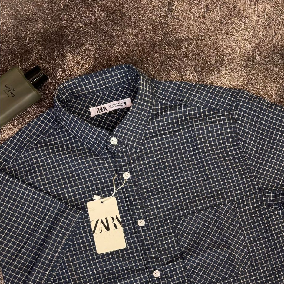 Kemeja Formal Stripe Pria Zara Lengan Pendek Motif Gingham Terbaru Slim-Fit / Atasan Pria