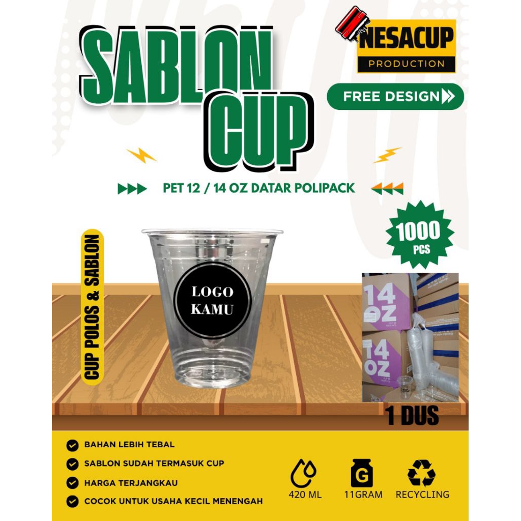 Sablon Cup PET Merk Polipack 14 Oz + Tutup + Sablon