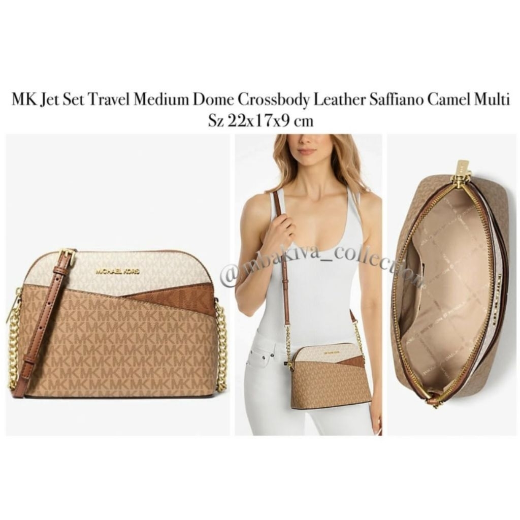 MK Jet Set Travel Medium Dome Crossbody Leather Saffiano Camel Multi