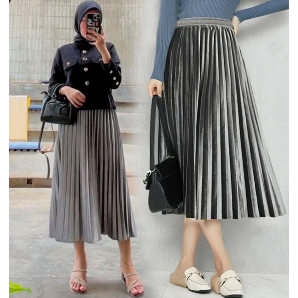 ROK PLISKET VELVET BLUDRU PENDEK 7/8 / ROK PLISKET BLUDRU IMPORT PREMIUM