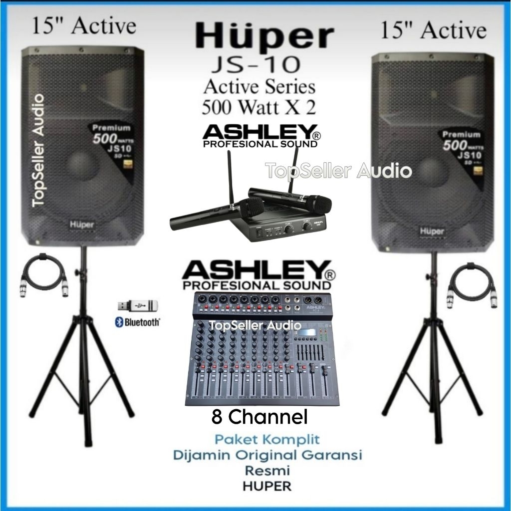 Paket Sound System Karaoke Speaker 15 Inch Huper Js10 Original Mixer Ashley 8 Channel Mic 2 Ashley O