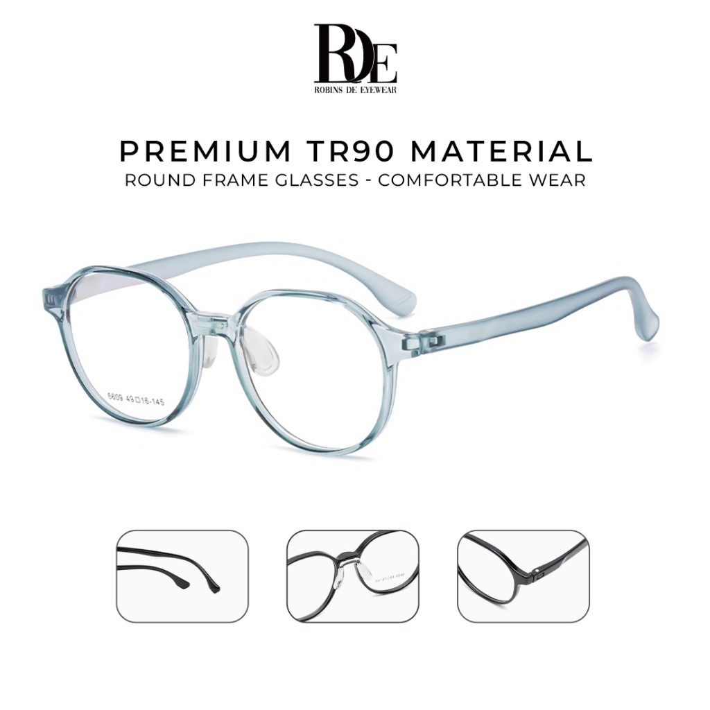 Robins Kacamata Bulat Minus Silinder Plus Bluecromic Photocromic Antiblueray Material TR 90 Nosepad 