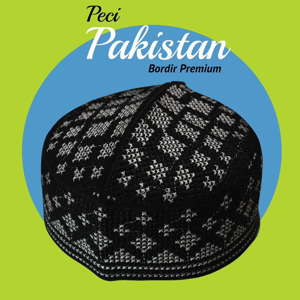 Peci kopiah pakistan bordir hitam motif putih ukuran anak & dewasa harga terjangkau kualitas bagus