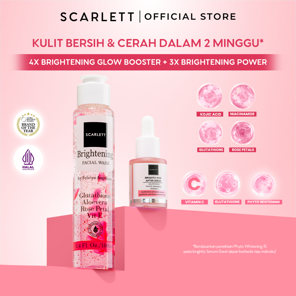 SCARLETT BUNDLE Brightening Facial Wash + Brightly Serum Sabun Cuci Muka Membantu Mencerahkan & Seru