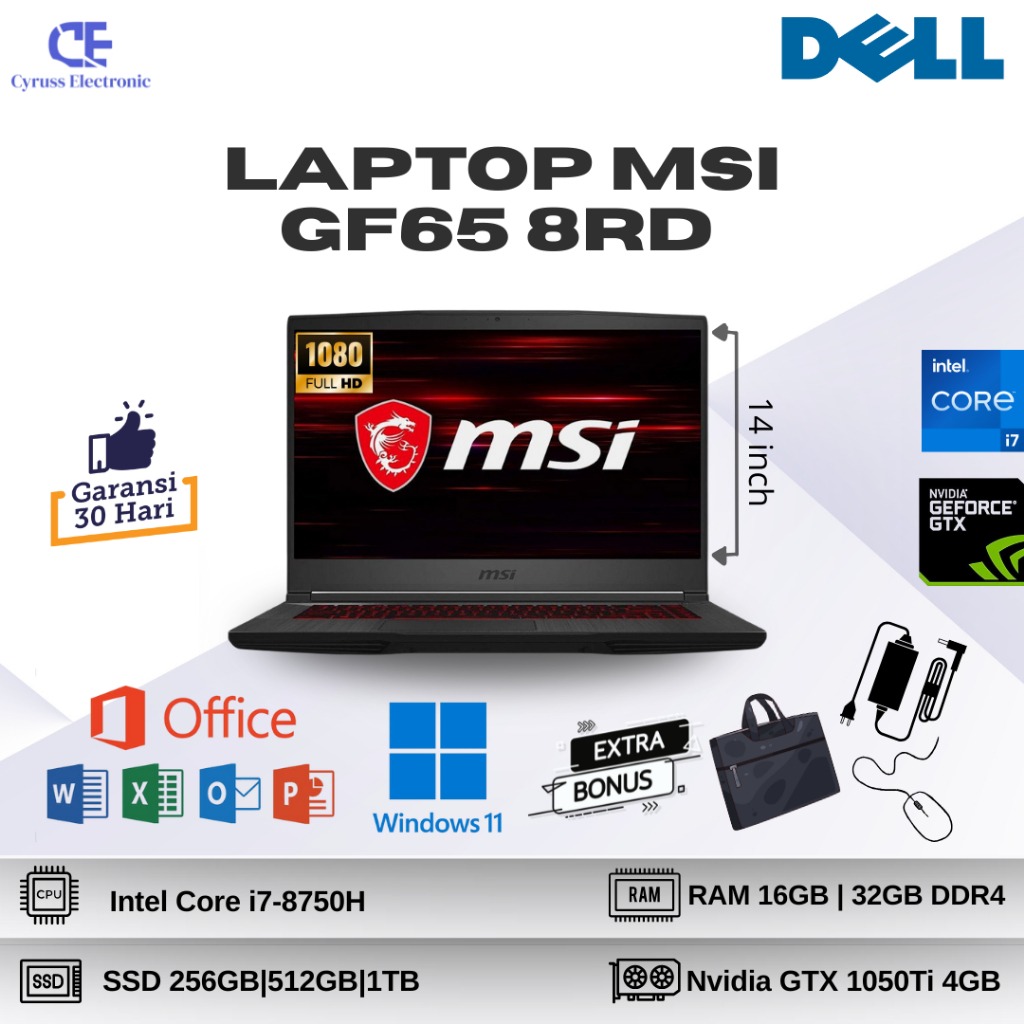 Laptop Gaming MSI GF65 Intel Core i7-8750H RAM 32GB DDR4 SSD 1TB VGA Nvidia GeForce GTX 1050 TI 4GB 
