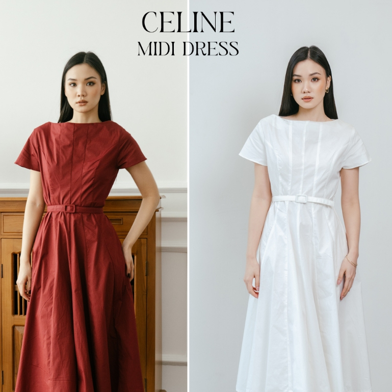 [Jexiva] - Dress Midi Wanita Siluet A-Line Cewek Belted Waist Warna All Size Celine Midi Dress