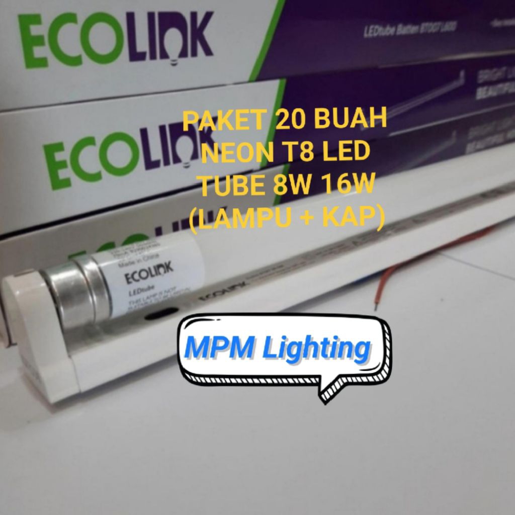 PAKET 40 BUAH Ecolink Neon TL T8 LED Tube 8w 16w 6500K 220V (Lampu + Kap)