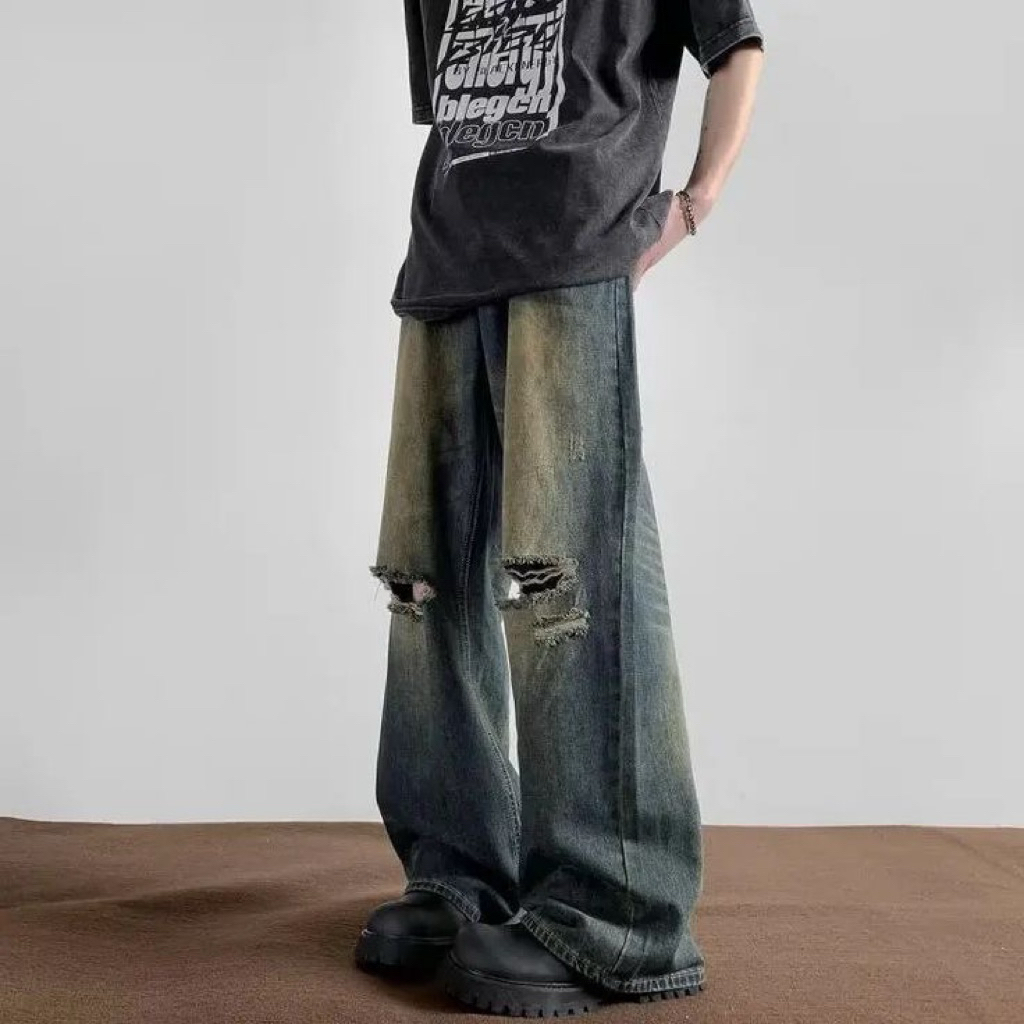 Celana jeans pria panjang baggy sobek pants straight dewasa cowok casual longgar denim pants korean 