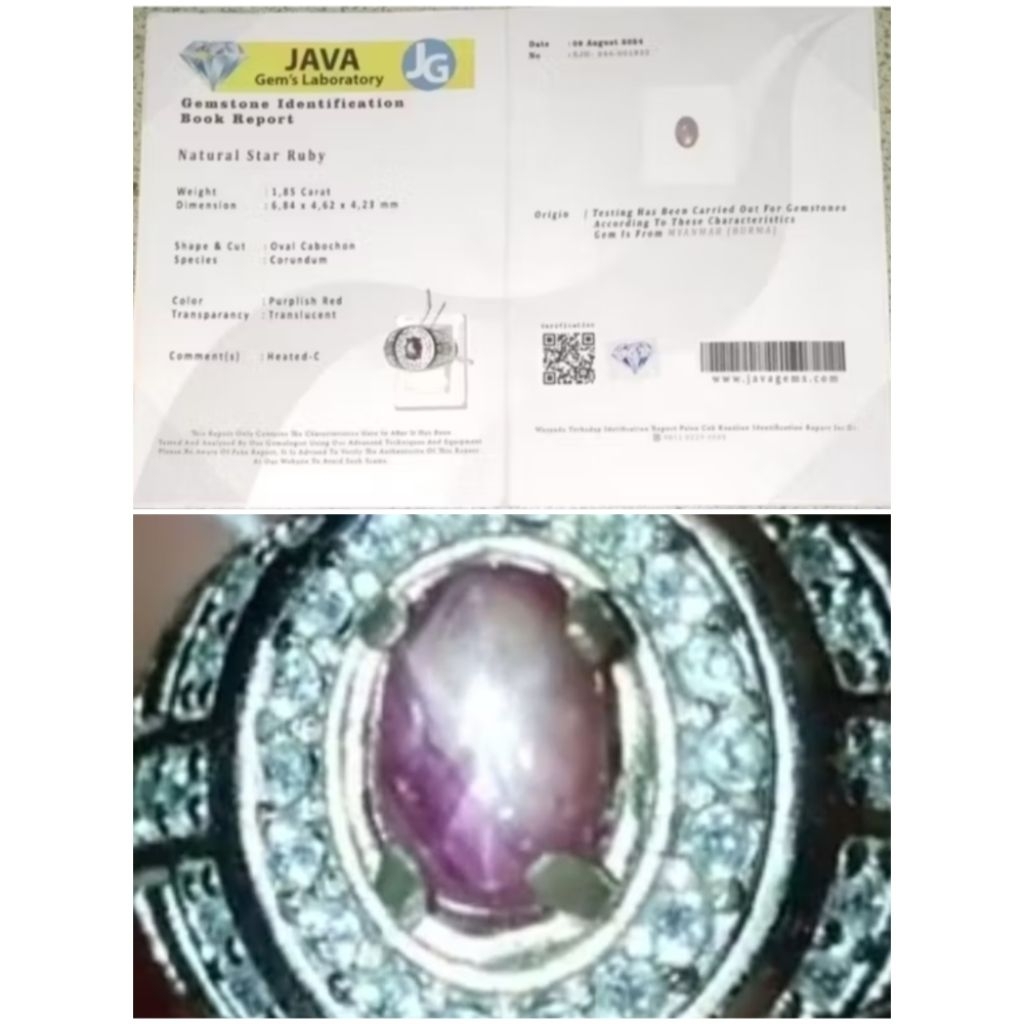 Natural Star Ruby Burma 1,85 Crt + Sertifikat, Kode 185