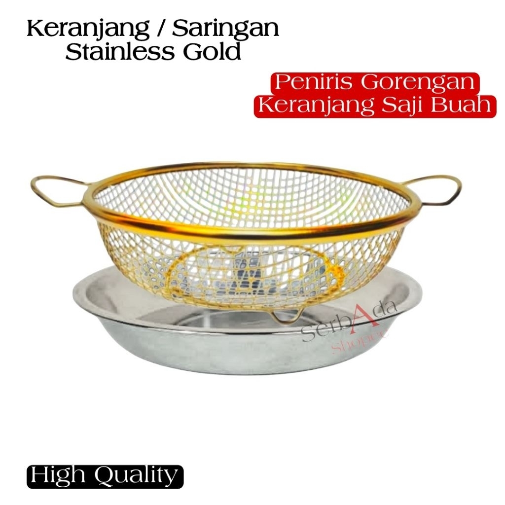 GOLD Alat Peniris Minyak Goreng Estetik Saringan Keranjang Buah Sayur Serbaguna Tirisan Minyak Lengk