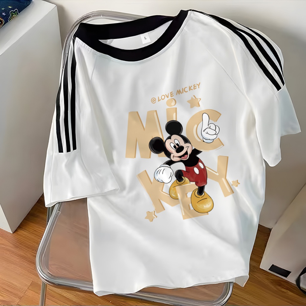 LYBH Kaos Wanita Bergaris Short Sleeve White Mickey Mouse Print | T shirt Stripe Korean Style | Unis