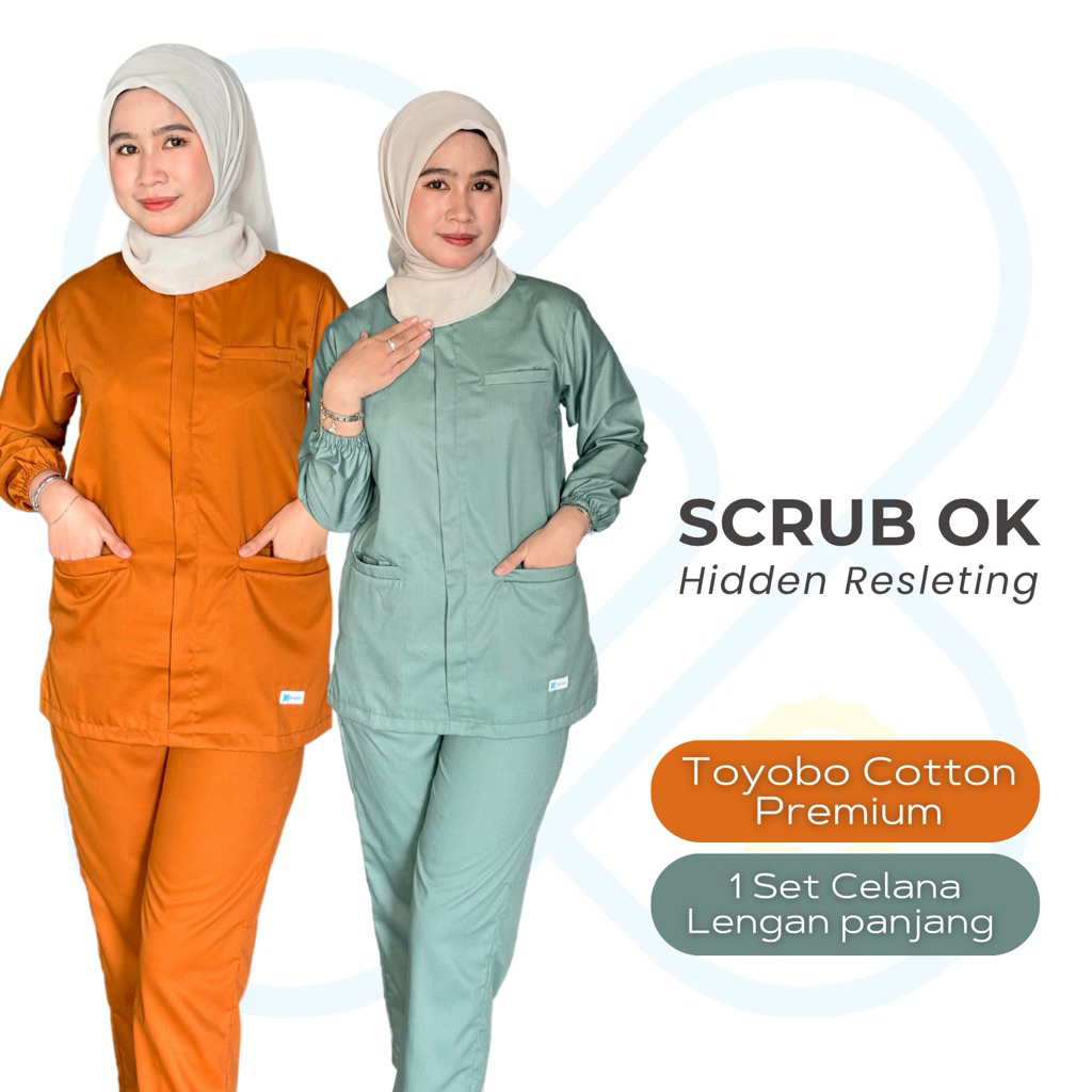 Baju OK Resleting Hidden Set Lengan Panjang CELANA/ Baju jaga Toyobo/ Scrub Dokter/ Scrub Medis S - 