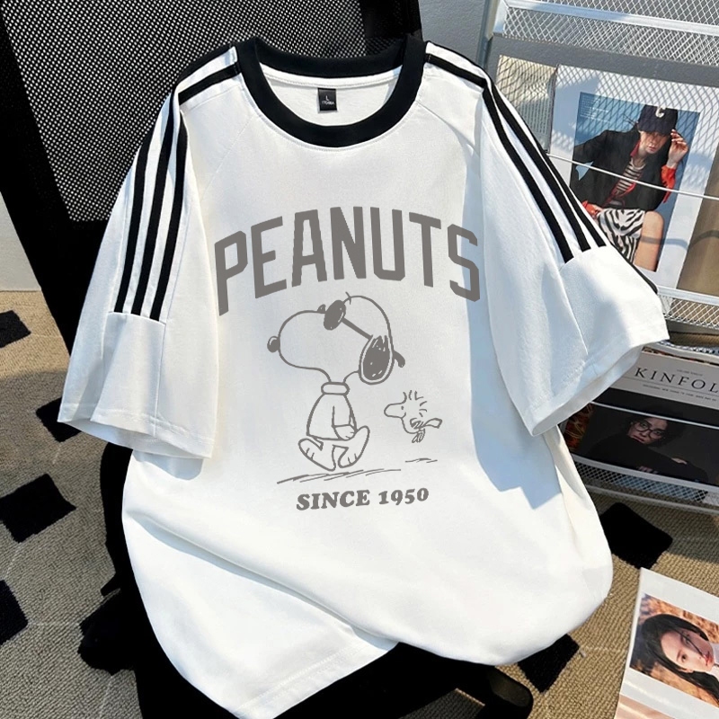 Marlacoeur Kaos Pria PEANUTS Cetakan pola Snoopy / Kaos Pria Dicetak Tiga Garis Kaos Lengan Pendek P