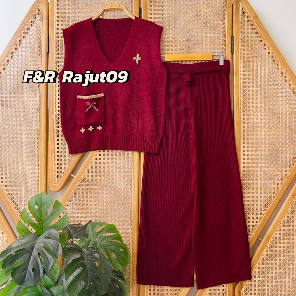 F&R Oneset Allea Vest Rompi Rajut Saku Motif Bunga Pita Lucu Setelan Celana Kulot Premium Wanita Kek