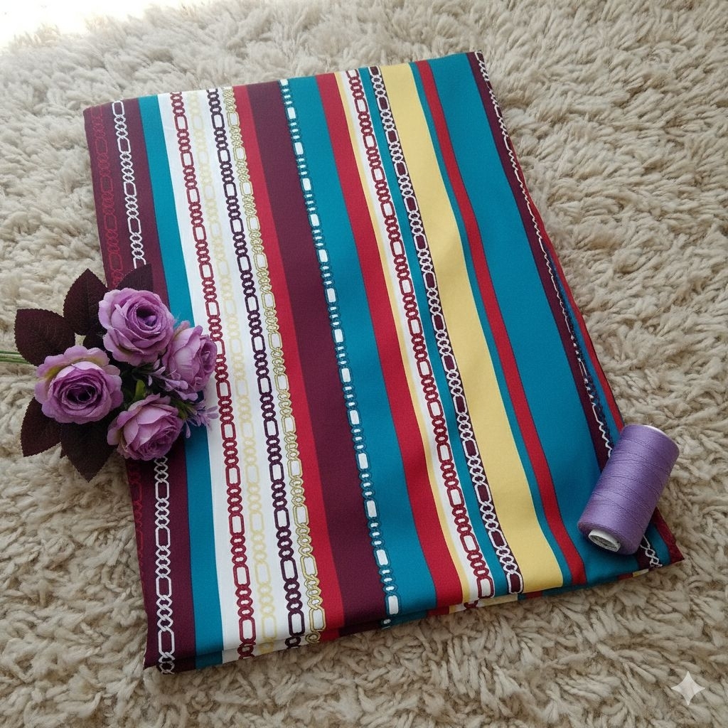 Kain Satin Silk Premium Motif Rantai Garis Vertikal Meteran | Bahan Dress Kemeja Scarf Mewah Lq