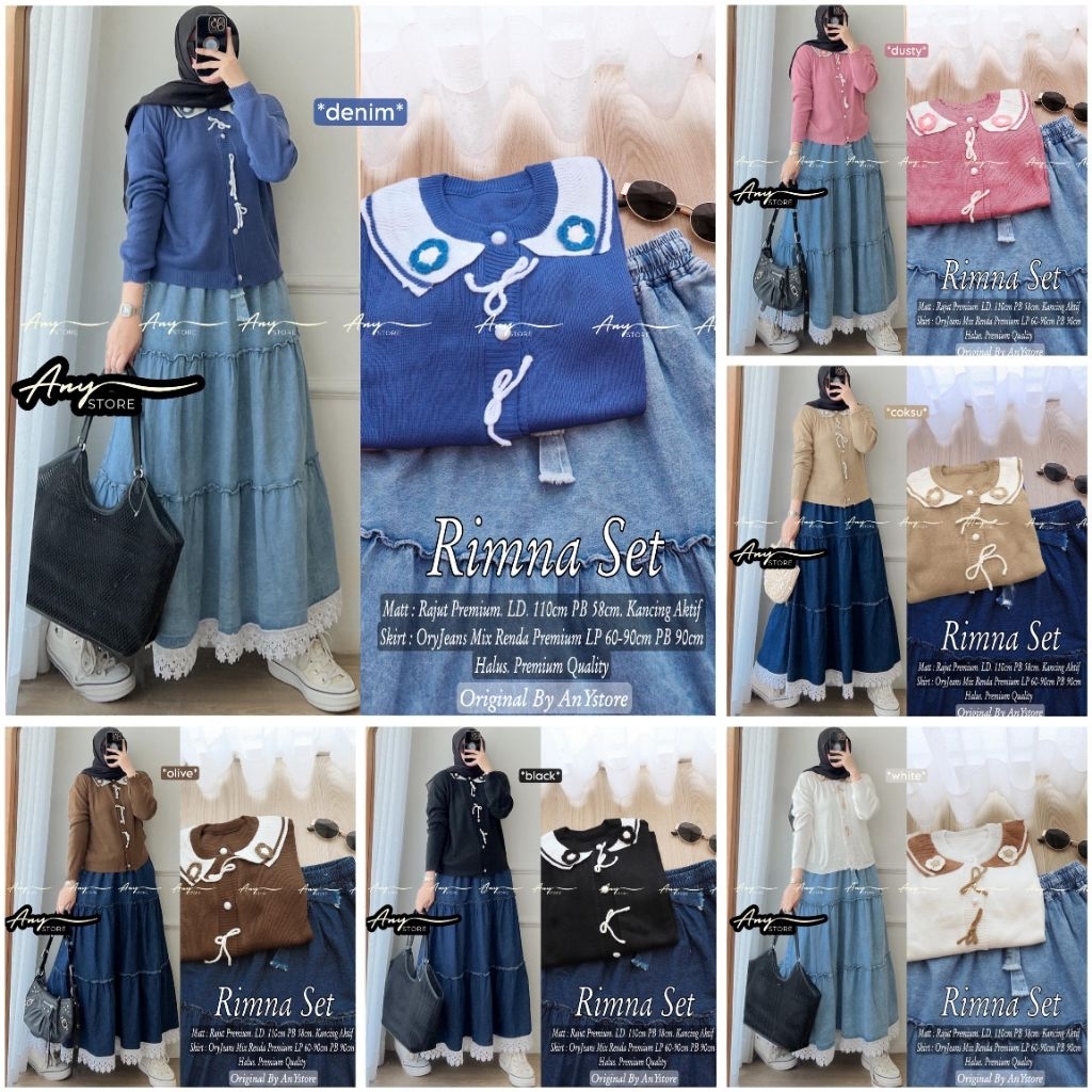 retha one set rok jeans by A.N.Y kemeja stripe wanita baju blouse garis garis rok panjang jeans keme