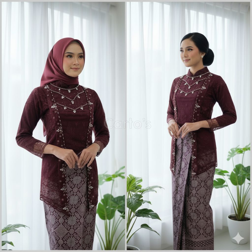 Kebaya Modern Brokat Lengan Panjang Elegan | Kebaya Wisuda & Kondangan Wanita | Set Kebaya Kutubaru