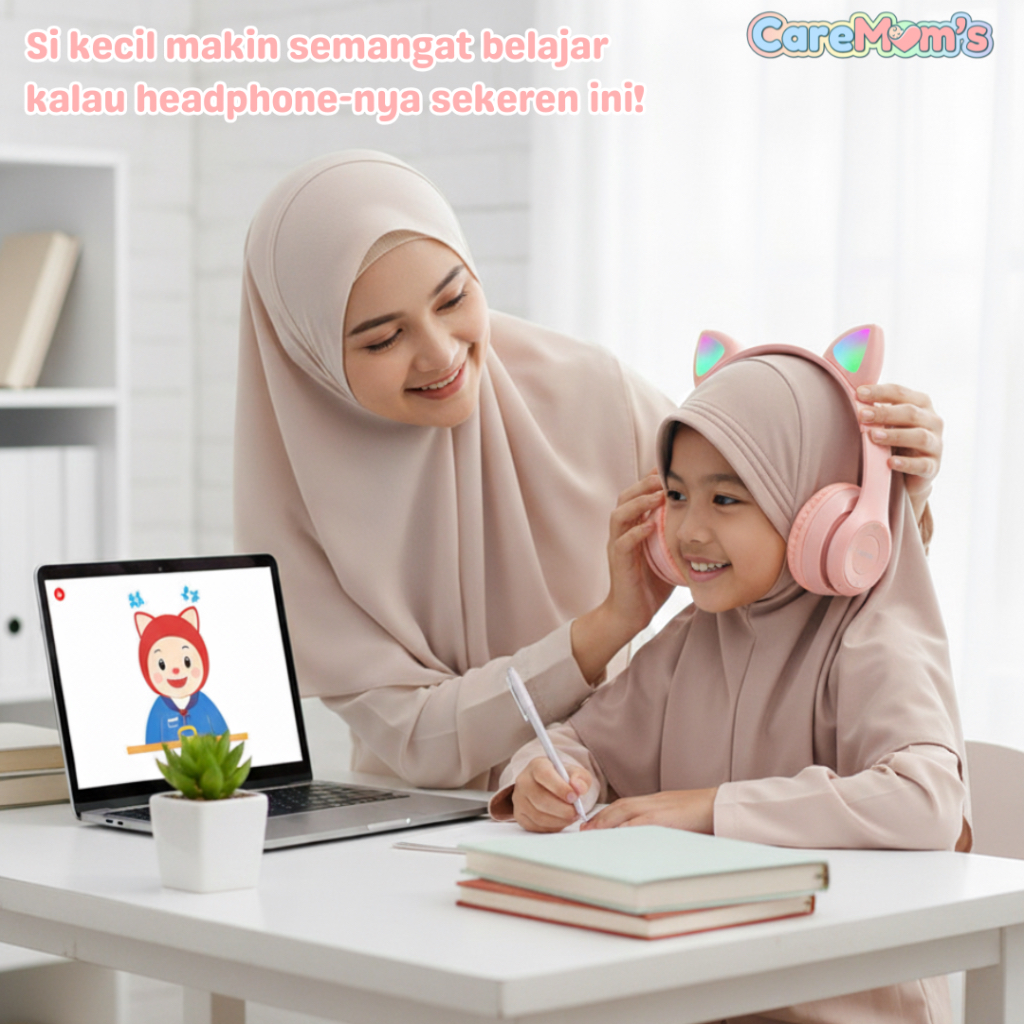 CareMom’s LED Cat Ear Bluetooth Headphone – Headphone Lipat Bass Stereo, Mic, dan Mode Kabel-AUX
