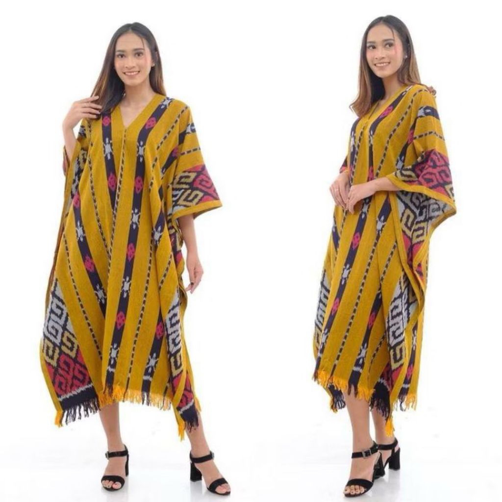 Kaftan Tenun Ikat Etnik Wanita – Long Dress Premium Khas Nusantara, Anggun & Nyaman