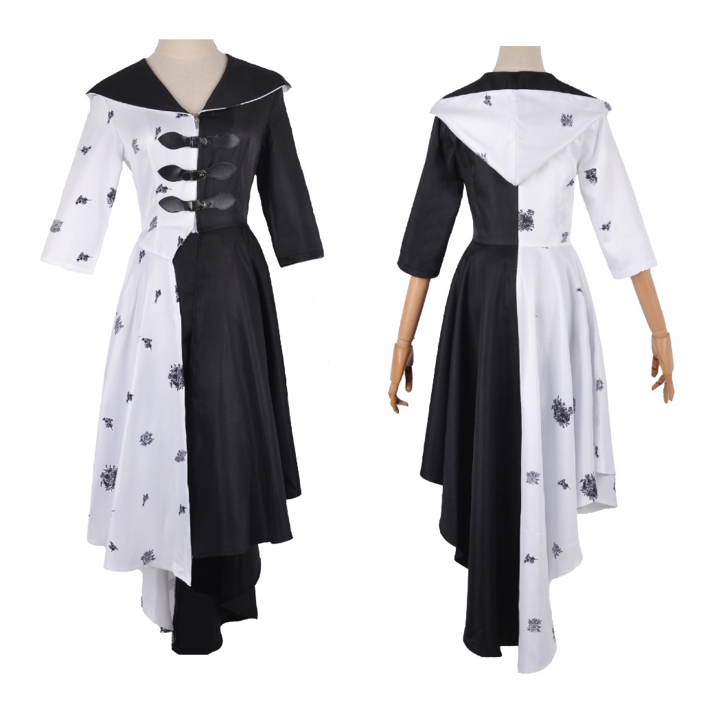 （child）Cruella De Vil Cosplay Evil Gown Women's Halloween Party Dress Black White