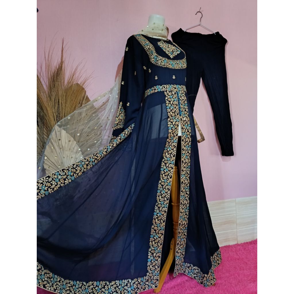 BAJU INDIA/ ANARKALI MASTANI SHIFON/ NAVY BORDIR SET CELANA