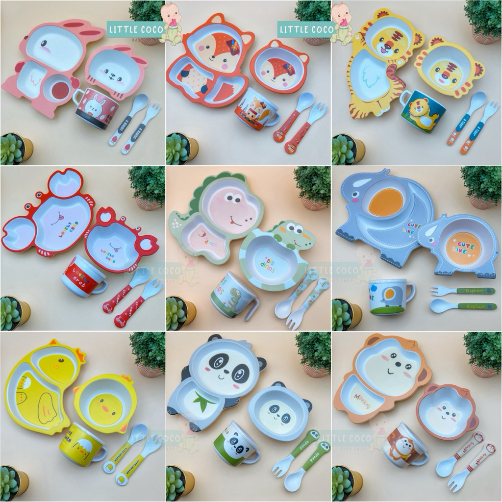 Piring Set Alat Makan 5 in 1 Bambo Fiber Eco Friendly Gift Box Piring Mangkok Sendok Garpu Gelas