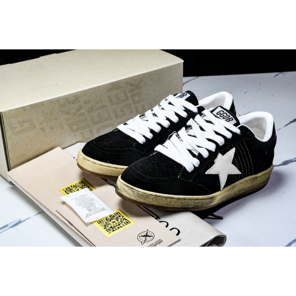 Golden Goose Deluxe Brand (GGDB) Ballstar Low Black Suede White Leather Star Black Heel Tab Gold Let