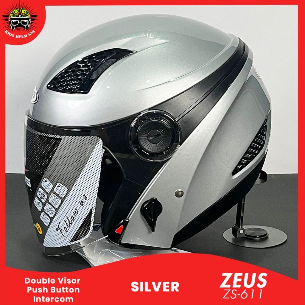 Zeus ZS 610 Silver Helm half face double visor