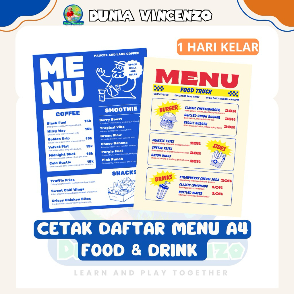 Jasa Cetak Menu Cafe & Resto 1 Hari Jadi Tanpa Minimal Order / Cetak Menu Custom Kilat 1 Hari Jadi