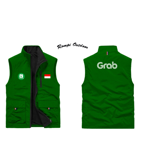 Diskon !!! Rompi Ojol Polos  Hijau Hitam Taslan Waterproof Logo Grab + Bendera