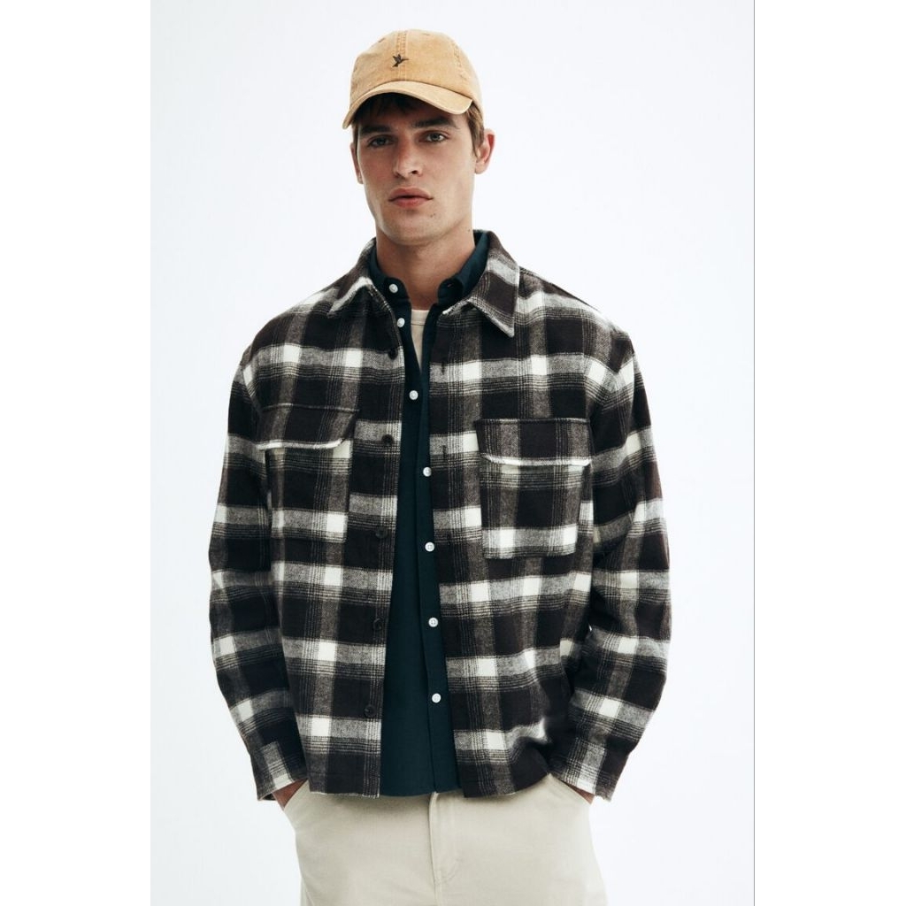 Atasan Kemeja Flanel Overshirt Hnm Pria Original Kemeja Veterano kotak kotak lengan panjang Wool fib