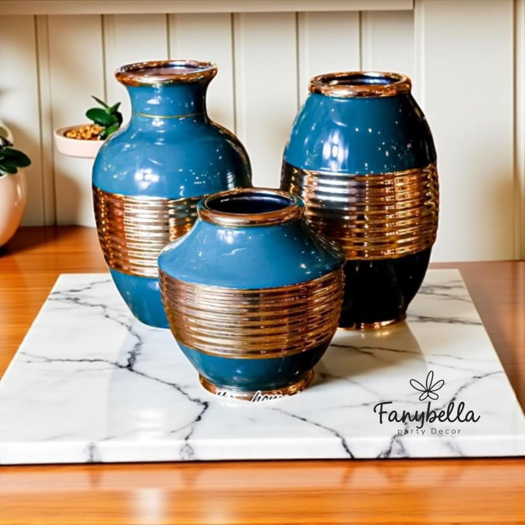 VAS KERAMIK HIJAU EMAS GOLD BENTUK UNIK DAN MEWAH