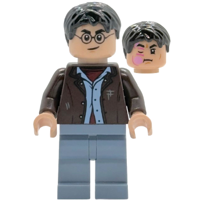 Lego Minifigure hp528 Harry Potter - Dark Brown Open Jacket, Sand Blue Legs, Bright Pink Stinging Ji