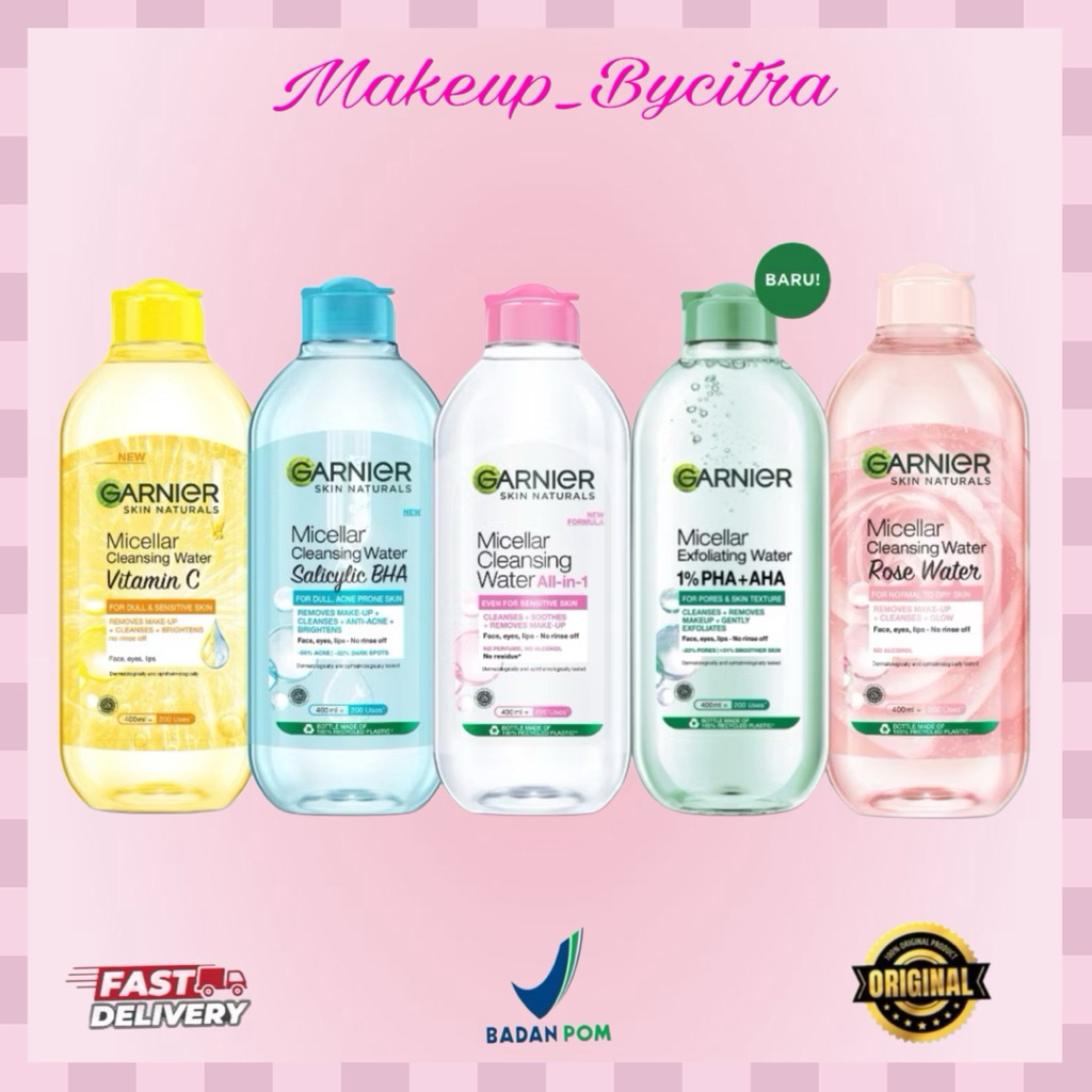 GARNIER Micellar Water 400ml ALL VARIANT Skincare Cleansing - Pembersih Wajah & Make up untuk Kulit 