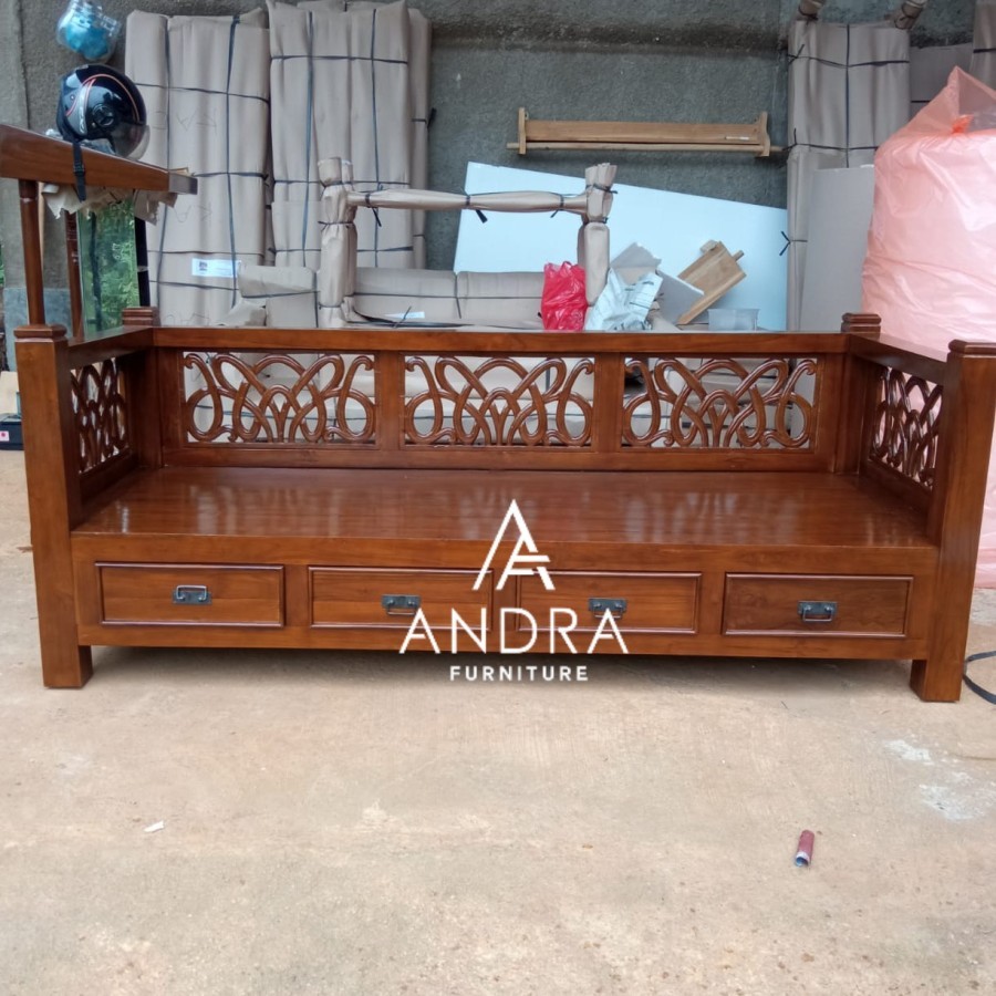 Bangku Bale Bale Minimalis Ukiran Unik Jati Grade Berkualitas 4 Laci