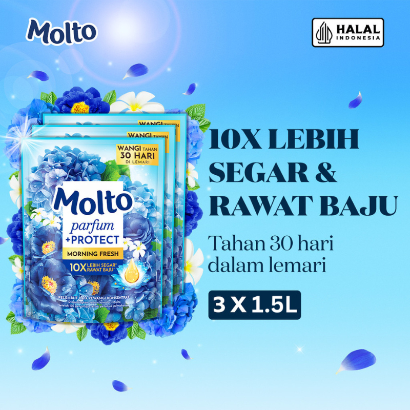 Molto Pelembut & Pewangi Pakaian Softener Konsentrat Parfum +Protect Morning Fresh 1.5L x3