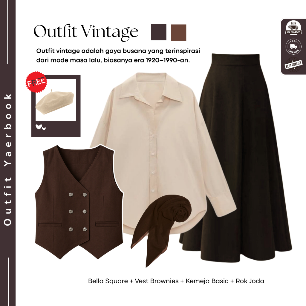 One Set Outfit Yearbook Vintage (Bella Square + Vest + Kemeja + Rok Joda ) OOTD Yearbook Remaja - FO