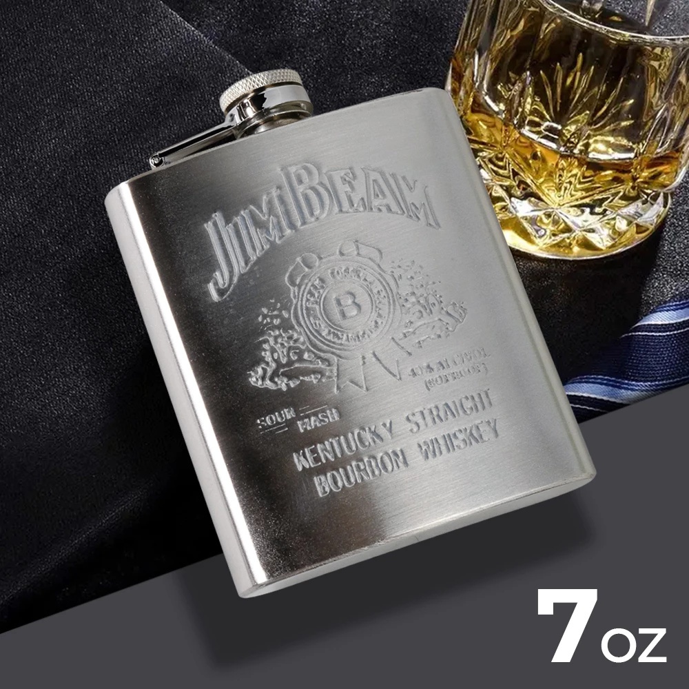 Botol Wadah Minum Minuman Beer Bir Wine Whiskey Whisky Hip Flask Jim Beam 7 oz Stainless Steel - F02