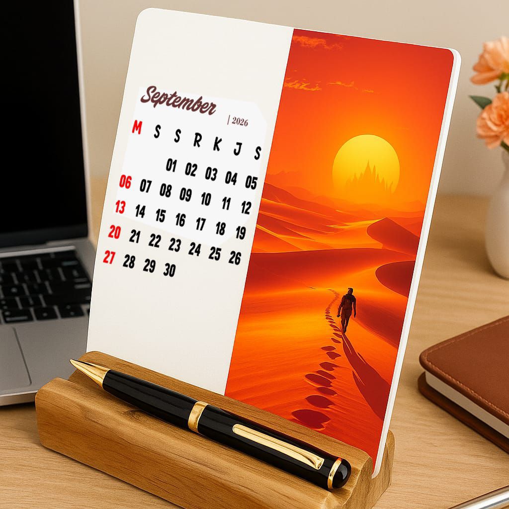 Kalender Meja 2026 Aestetic tatakan Kayu + tempat pena