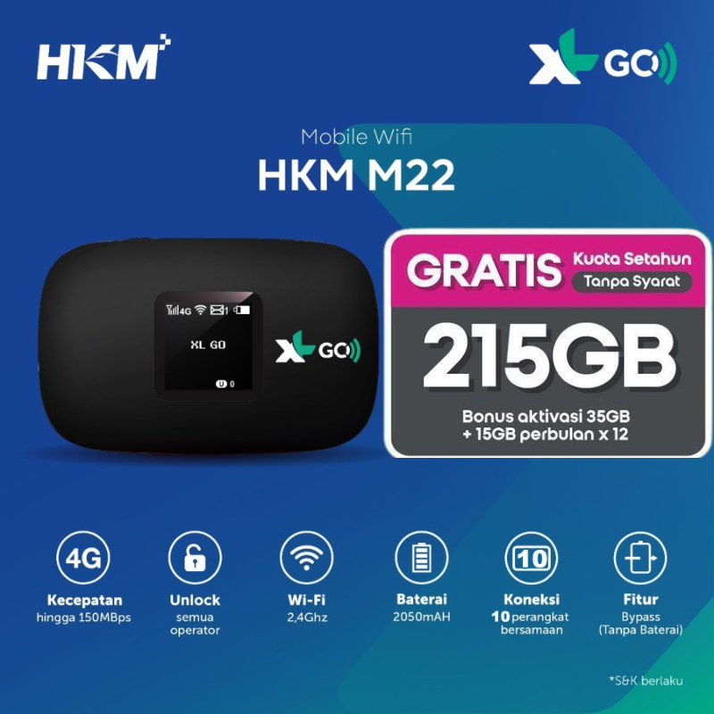 Modem Wireless Portable MiFi HKM M21 M22 Modem WiFi 4G 5G Free Tri Indosat 215GB 1 Tahun Tanpa Syara