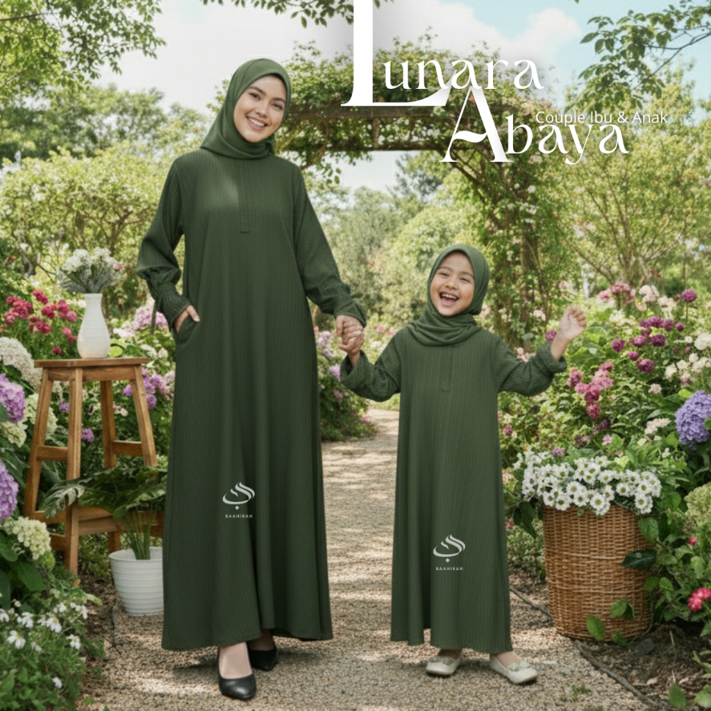 Baahirah - Lunara Abaya Couple Ibu Anak Warna Hijau Army / Abaya Polos / Baju Muslim Keluarga