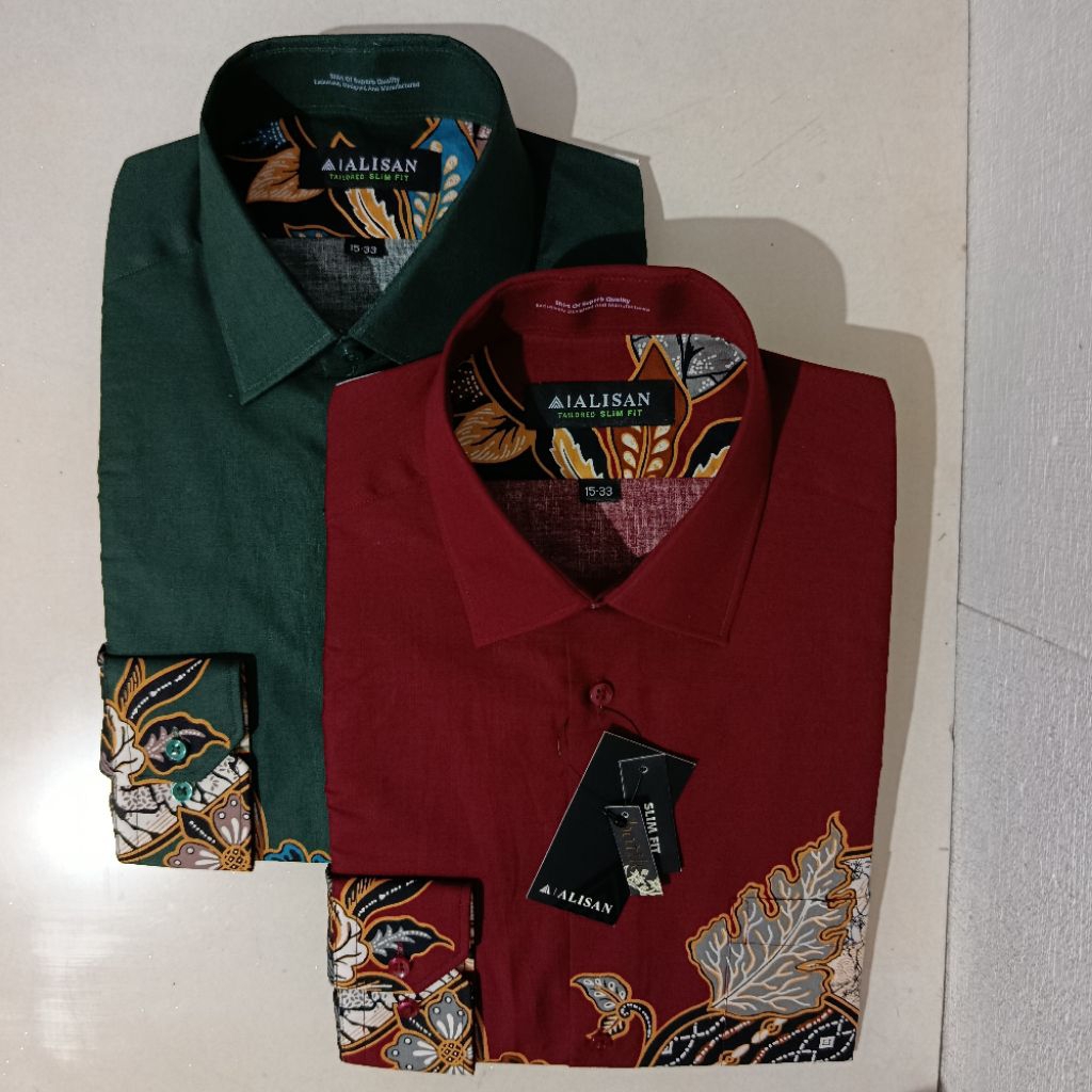 Alisan Batik Printing Motif Daun Lengan Panjang Slimfit Hijau/Maroon