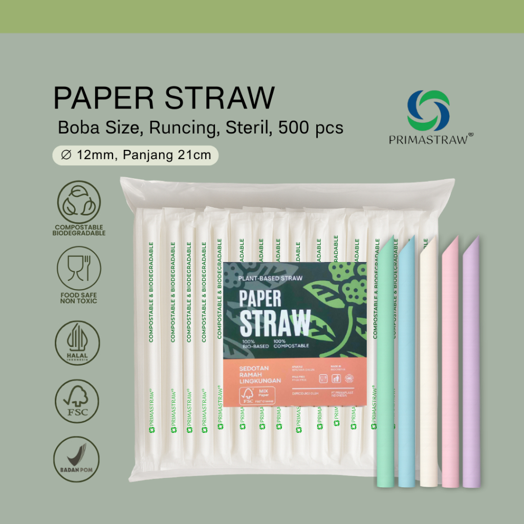 PRIMASTRAW Sedotan Kertas BOBA RUNCING STERIL Paper Straw 12 x 210 mm (500pcs)