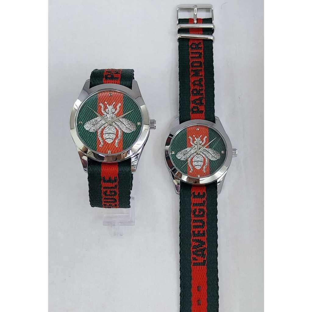 Jam Tangan Pria Wanita Unisex Analog Stainless Steel Canvas Gucci Le Marche Des Merveilles Red Green