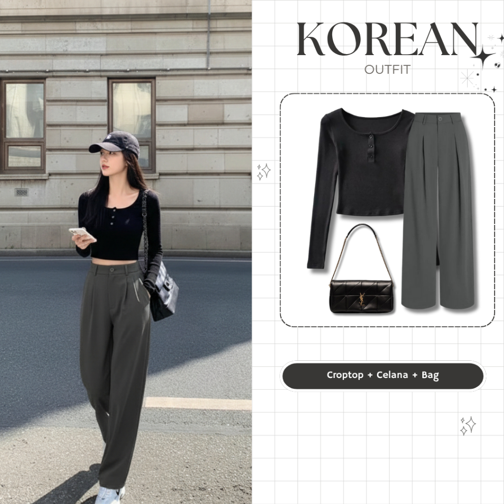 Oneset Korean Looks Outfit Cewe Daily Set Casual Ootd masa kini (Crop Top+Celana Kulot+Tas Boho)
