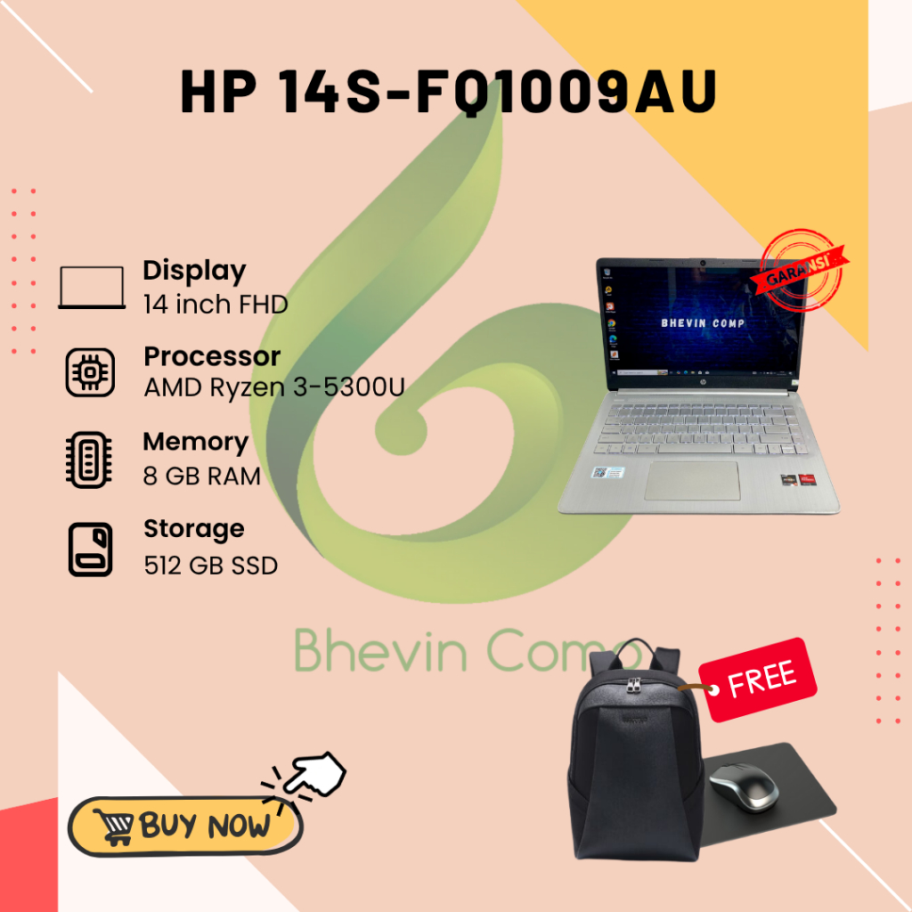 HP 14S-FQ1009AU AMD RYZEN 3-5300U  RAM 8GB SSD 512GB