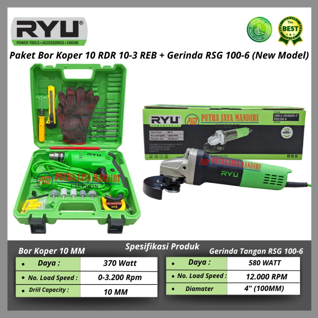 Paket Ryu 2 Set Mesin Bor Koper  Aksesories 10 Mm Ryu + Gerinda 4 Inch Ryu