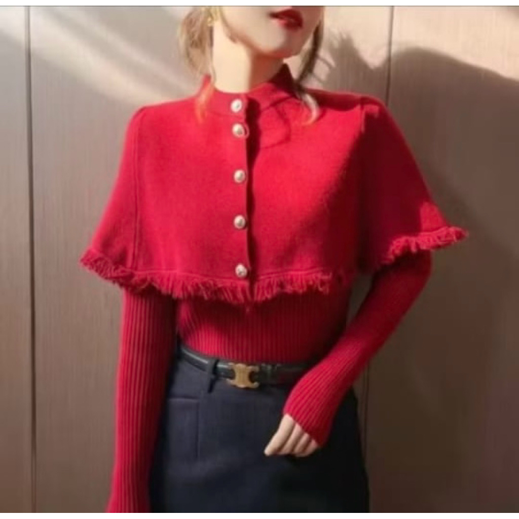 Baju atasan set rumbai merah rajut